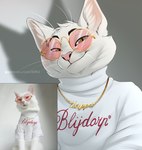 anthro clothed clothing eyebrows eyelashes fur green_eyes jewelry looking_at_viewer male pink_nose reference_image shirt smile solo text text_on_clothing text_on_jewelry text_on_shirt text_on_topwear topwear white_body white_fur smileeeeeee domestic_cat felid feline felis mammal 2021 digital_media_(artwork)