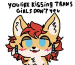 anonymous_artist anthro black_nose blue_eyes blush blush_lines boy_kisser_(meme) canid canine canis digital_media_(artwork) english_text female fur gynomorph_(lore) hair intersex_(lore) looking_at_viewer mammal meme red_hair red_wolf simple_background smug smug_face solo text trans_(lore) trans_woman_(lore) wolf wolf_nanaki