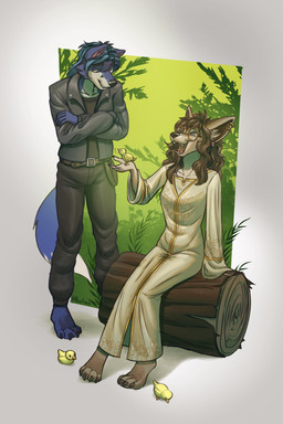 anthro belt belt_buckle buckle claws clothed clothing dress duo eyewear female glasses hair jacket leaf log male open_mouth sitting tail teeth text topwear wood nootkep anatid anseriform avian bird canid canine duck mammal 2:3 absurd_res artist_name hi_res