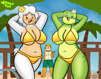 anthro big_breasts bikini breasts clothing coconut cotton_tail drupe_(fruit) eyewear female flower_accessory food fruit fur glasses gold_bikini group hands_behind_head plant swimwear tail tree trio two-piece_swimsuit wearing_glasses white_body white_fur honeybud golden_week pixile_studios super_animal_royale alicia_(honeybud) gwen_(honeybud) twinkie_(honeybud) amphibian bear bovid caprine frog mammal sheep super_bear_(sar) super_frog_(sar) super_sheep_(sar) super_yellow_bear_(sar) absurd_res hi_res