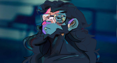 anthro beard duo eyewear facial_hair female glasses hair long_ears long_hair male male/female movie_reference mustache sad text wearing_glasses jdoe_p blade_runner_2049 fan_character ape chimpanzee haplorhine mammal monkey pan_(genus) primate hi_res translation_check translation_request