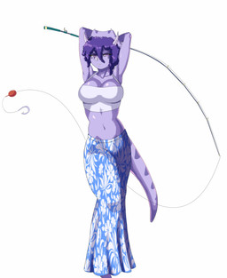 annoyed anthro big_breasts bottomwear breasts clothed clothed_anthro clothed_female clothing crop_top facial_horn female fishing_rod floral_print frill_(anatomy) front_view hair hands_behind_head holding_fishing_rod holding_object horn long_skirt looking_at_viewer markings medium_hair navel non-mammal_breasts non-mammal_navel pose purple_body purple_eyes purple_hair raised_arms shirt simple_background skirt solo spots spotted_markings standing striped_markings stripes topwear white_background white_clothing white_crop_top white_topwear puffycrow goodbye_volcano_high ko_op_(game_developer) trish_(gvh) ceratopsian ceratopsid chasmosaurine dinosaur marginocephalian ornithischian prehistoric_species reptile scalie triceratops absurd_res colored full-length_portrait hi_res portrait shaded
