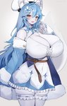 alternate_species anthro big_breasts blue_hair breasts cleavage clothed clothing dress female fur furrification hair huge_breasts kemono solo white_body white_fur kakuteki11029 hololive vtuber yukihana_lamy canid canine mammal absurd_res hi_res