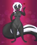 anthro areola black_body black_fur blush breasts brown_eyes chest_tuft eyeshadow female fur genitals gradient_background hair hand_on_hip heart_symbol looking_at_viewer makeup navel nipples nude one_eye_closed pubes pussy simple_background solo standing tuft white_hair wink skelly_doll disney zootopia diana_rayablanca fan_character mammal mephitid skunk striped_skunk 2018 hi_res signature