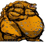 anthro belly belly_overhang big_belly big_muscles growth growth_sequence male moobs muscular muscular_anthro muscular_male obese obese_anthro obese_male open_mouth orange_body overweight overweight_anthro overweight_male roaring simple_background solo spots comerboy75 arlo_montgomery_(comerboy75) dinosaur kaiju prehistoric_species reptile scalie theropod tyrannosaurid tyrannosauroid tyrannosaurus tyrannosaurus_rex 2022 hi_res