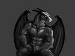 anthro male markings membrane_(anatomy) membranous_wings muscular nipples non-mammal_nipples simple_background sitting solo wings purple-blep gigachad mythology mercrantos_(character) dragon mythological_creature mythological_scalie scalie hi_res meme monochrome reaction_image