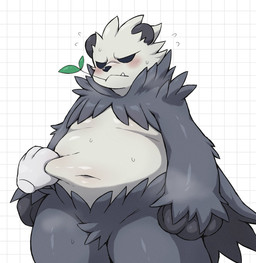 annoyed anthro belly belly_pinch black_body black_fur blush disembodied_hand embarrassed fur male navel overweight standing fuyugaki15 nintendo pokemon generation_6_pokemon pangoro pokemon_(species) hi_res