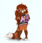 anthro brown_hair clothed clothing female green_eyes hair panties purple_clothing purple_panties purple_underwear simple_background solo underwear white_background dvixie red_panda_vixie_(dennyvixen) ailurid mammal red_panda 2018 digital_media_(artwork)