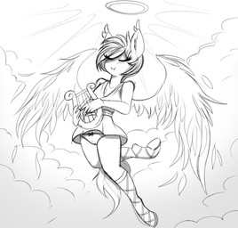 anthro clothing dress feathered_wings feathers female halo harp musical_instrument panties plucked_string_instrument solo string_instrument underwear wings replica_(artist) hasbro my_little_pony fan_character nolegs_(oc) angel bat_pony equid mammal 2016 monochrome