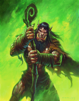 5_fingers angry beard black_beard black_facial_hair black_hair cape clothing facial_hair fingers green_background green_clothing hair holding_object holding_staff humanoid_pointy_ears looking_up male muscular muscular_male not_furry pointy_ears simple_background solo staff tusks alex_horley blizzard_entertainment warcraft gul'dan humanoid orc absurd_res hi_res official_art traditional_media_(artwork)