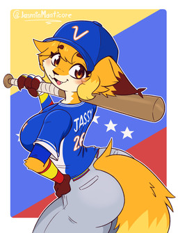 4_fingers anthro baseball_bat baseball_cap baseball_uniform bat_(object) butt clothed clothed_anthro clothed_female clothing dipstick_ears dipstick_tail ear_markings eyebrow_through_hair eyebrows eyelashes fangs female female_anthro fingers fur hair hat headgear headwear looking_at_viewer looking_back looking_back_at_viewer markings multicolored_ears open_mouth open_smile orange_body orange_eyes orange_fur orange_hair short_hair smile solo sportswear tail tail_markings teeth tongue translucent translucent_hair uniform venezuela venezuelan_flag jasminthemanticore jasmin_(jasminthemanticore) canid canine fox mammal 2026 digital_media_(artwork) hi_res