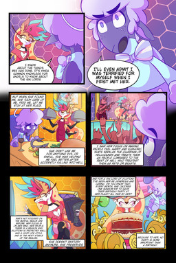 4_arms anthro apron balloon bow_tie cake choker clothing dessert dialogue dialogue_box eyelashes female food freckled_face freckles inflatable jewelry long_eyelashes male multi_arm multi_limb necklace speech_bubble text tuft mustachedbain hellaverse helluva_boss collin_(helluva_boss) queen_bee-lzebub_(helluva_boss) angel arthropod bee canid canine cherub fox hybrid hymenopteran insect mammal absurd_res comic english_text hi_res