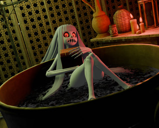 bath bathing bathroom bathtub bone book breasts candle candlelight caught_in_the_act caught_masturbating covering covering_breasts covering_crotch covering_self embarrassed female hair holding_book holding_object knock-kneed light long_hair looking_at_viewer masturbation not_furry nude open_mouth partially_submerged red_eyes rib_cage shocked skeleton skull solo water white_body white_hair lorded sumsnermin_(modeler) karaka_(merafume) animated_skeleton humanoid undead 3d_(artwork) digital_media_(artwork) hi_res