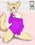 5_fingers ankh anthro black_nose blonde_hair clothed clothing femboy fingers fluffy fluffy_tail hair holly_(plant) male pattern_clothing pattern_underwear plant purple_clothing purple_eyes purple_shirt purple_topwear shirt solo striped_clothing striped_underwear stripes sweater tail topwear underwear miiyori iradium_piros canid canine fennec_fox fox mammal true_fox 2017