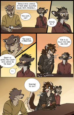 anthro biped black_nose blush brown_body brown_eyes brown_fur canine_teeth cheek_tuft clothed clothed_anthro clothing dialogue facial_tuft fluffy fluffy_tail fur furniture grey_body grey_fur group head_tuft inner_monologue male pointy_ears prick_ears raised_tail smack smack_(sound_effect) snout speech_bubble table tail tan_body tan_fur text text_box thinking trio tuft tusks yellow_sclera falco_works indy_(justroadkill) pen_(falco_works) canid canine canis cervine coyote deer mammal tufted_deer wolf 2025 comic digital_media_(artwork) english_text hi_res