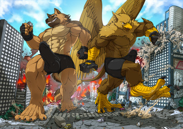 5_fingers abs anthro balls balls_outline beak biceps boxer_briefs brown_body brown_fur building building_destruction bulge city city_background city_crushing city_destruction cityscape claws clothed clothing crush destruction detailed_background detailed_bulge duo erection erection_under_clothing extreme_size_difference feathered_wings feathers feet finger_claws fingerless_gloves fingers fire fur genital_outline genitals gloves handwear humanoid_genitalia humanoid_penis landscape_dwarfing macro macro_anthro male muscular muscular_anthro muscular_male nude outside paws pecs penile penis penis_outline rampage size_difference sky smile squeezing stomping tail toe_claws toes topless underwear vehicle vehicle_destruction walking wings tatugon mythology carpo stan_melgar avian canid canine canis domestic_dog german_shepherd gryphon herding_dog mammal mythological_avian mythological_creature pastoral_dog hi_res