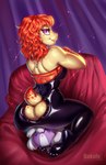 anthro bedroom_eyes breasts butt clothing curtains female freckles hair jewelry kneeling latex looking_back narrowed_eyes necklace orange_hair plushie rear_view rubber_clothing seductive shell smile solo tight_clothing bakufu cayes reptile scalie turtle 2022 digital_media_(artwork) hi_res