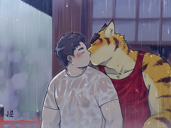 anthro blush brown_hair clothed clothing duo eyes_closed fur hair human_on_anthro interspecies kissing male male/male male_anthro male_human male_on_anthro male_on_human muscular raining red_clothing red_shirt red_tank_top red_topwear shirt striped_body striped_fur stripes t-shirt tank_top topwear wet wet_clothing white_clothing white_shirt white_t-shirt white_topwear yellow_body jeck morenatsu hiroyuki_nishimura torahiko_ooshima felid human mammal pantherine tiger 2019 4:3 colored hi_res