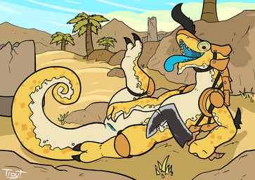 animal_genitalia anthro cloaca desert female genitals horizontal_cloaca horn melee_weapon open_mouth outside presenting solo spread_legs spreading sword tongue tongue_out weapon trout_(artist) breath_of_the_wild nintendo the_legend_of_zelda lizalfos lizard reptile scalie 2019 hi_res