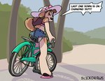 anthro bicycle clean_diaper clothed clothing dialogue diaper diaper_fetish diaper_under_clothing exposed_diaper female fur hair open_mouth rear_view solo tail text vehicle wearing_diaper sl1ckdraws canid canine canis domestic_dog mammal digital_media_(artwork) english_text