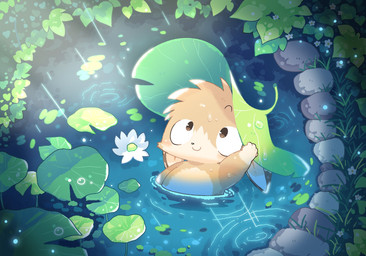 ambiguous_gender anthro chibi countershading flower holding_object kemono leaf leaf_umbrella lily_pad partially_submerged plant pond raining smile solo dogblin mammal 2025 chinese_description hi_res