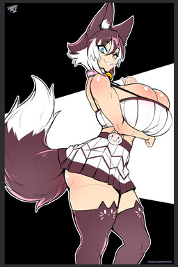 ass_hanging_out_of_skirt bell big_breasts big_butt black_clothing black_legwear black_thigh_highs border bottomwear breasts brown_hair butt cat_tail child_bearing_hips clothed clothed_female clothing collar curvy_figure female fur grey_border hair heterochromia hourglass_figure huge_breasts hyper hyper_breasts jingle_bell legwear light_body light_skin light_skinned_female logo long_tail looking_at_viewer medium_hair midriff multicolored_body multicolored_fur multicolored_hair overflowing_breasts pose sexy_woman short_hair side_boob side_view simple_background skirt solo standing tail text thick_thighs thigh_highs tight_clothing tight_topwear topwear white_hair white_sclera wide_hips desertfoxcomics sagestrike2 kat_(mazume) animal_humanoid cat_humanoid domestic_cat felid felid_humanoid feline feline_humanoid felis humanoid maine_coon mammal mammal_humanoid artist_logo artist_name colored_sketch digital_drawing_(artwork) digital_media_(artwork) english_text pinup sketch tagme