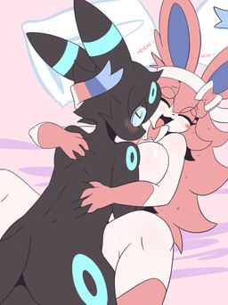 anthro bed blush bow_ribbon breasts duo eyeshadow eyewear female furniture glasses hair happy holding_onto_partner intimate licking makeup male male/female male_on_top messy_hair on_top pillow pink_hair tail tongue anonymous_artist nintendo pokemon gil_(lazegil) summer_(oreon_smol) eeveelution generation_2_pokemon generation_6_pokemon pokemon_(species) shiny_pokemon sylveon umbreon absurd_res hi_res