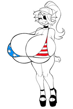 american_flag_bikini big_breasts bikini biped blush breasts clothed clothing eye_patch eyewear female flag_bikini footwear hair high_heels huge_breasts hyper hyper_breasts looking_at_viewer ponytail pupils shoes smile solo swimwear thick_thighs three-quarter_view two-piece_swimsuit dongitos undertale_(series) undyne animal_humanoid humanoid marine marine_humanoid 2:3 hi_res