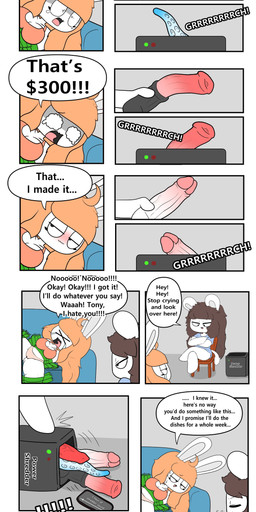 anthro blue_clothing blue_shirt blue_topwear blush bodily_fluids bound breasts brown_hair camel_toe cellphone chair cleavage clothed clothing crying dialogue dildo duo electronics eyelashes female furniture hair long_hair lying male messy_hair on_back orange_clothing orange_hair orange_shirt orange_tank_top orange_topwear panties phone sex_toy shirt sitting smartphone sofa speech_bubble spread_legs spreading sweat tail tan_clothing tan_panties tan_underwear tank_top tape tears text topwear underwear tonytoran tina_(tonytoran) tony_(tonytoran) chinchilla chinchillid lagomorph leporid mammal rabbit rodent absurd_res comic english_text hi_res