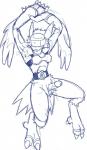 anthro armor balls bandai_namco belt big_feet biped blue_and_white blush breath claws digimon digimon_(species) erection fangs feathered_wings feathers feet genitals hair headgear helmet hi_res humanoid_genitalia humanoid_penis long_ears male mesozoid monochrome obstructed_eyes panting penis silphymon simple_background sketch solo teeth toe_claws visor wings