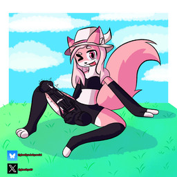 ;p animal_genitalia animal_penis anthro balls big_balls big_penis bulge bursting_out_of_clothing clothing crop_top equine_genitalia equine_penis erection erection_under_clothing femboy fluffy fluffy_tail genitals hair handwear hat headgear headwear huge_penis latex latex_clothing latex_handwear latex_legwear legwear male penis pink_body pink_eyes pink_hair pink_tail shirt sky solo tail tearing_clothing tongue tongue_out topwear torn_clothing vein veiny_penis wardrobe_malfunction witch_hat ghostkyu touch_grass maiko_(klonoa0w0) canid canine fox mammal 1:1 hi_res