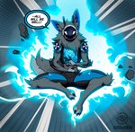 anthro blue_energy clothed clothing dialogue floating fur glowing grey_body grey_fur looking_at_viewer machine male solo speech_bubble superhero tail text cl0t blue_lantern green_lantern_(series) synkro_(ssikari306) protogen absurd_res digital_media_(artwork) hi_res