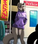 anthro banner barely_visible_genitalia barely_visible_pussy blush bodily_fluids bottomless bottomless_female casual_exposure clothed clothing eyes_closed female fur genital_fluids genitals grey_body grey_fur hoodie masturbation penetration public public_exposure public_masturbation pussy sex_toy sex_toy_in_pussy sex_toy_insertion smile street topwear vaginal vaginal_fluids vaginal_penetration vibrator feretta vixavil_hayden canid canine fox mammal red_fox silver_fox true_fox 2024 hi_res