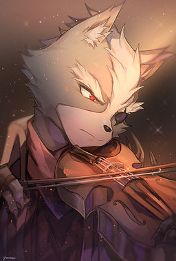 anthro ascot black_nose bowed_string_instrument claws close-up clothed clothing eye_patch eyebrows eyewear frown fur gloves grey_background grey_body grey_fur hair handwear male musical_instrument red_eyes scar shirt short_hair simple_background solo string_instrument topwear vest violin white_body white_eyebrows white_fur white_hair yasaikakiage nintendo star_fox wolf_o'donnell canid canine canis mammal wolf 2020 half-length_portrait portrait