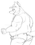 anthro belly big_belly butt eyewear glasses humanoid_hands male mature_male overweight overweight_male simple_background solo bravo canid canine canis mammal wolf 2022 hi_res monochrome sketch