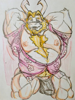 aloha_shirt anthro beard blonde_hair body_hair bulge chest_hair clothing eyebrows facial_hair hair hands_behind_head horn male musclegut muscular muscular_male nipples pattern_clothing pattern_shirt pattern_topwear pecs shirt solo topwear welyr deltarune undertale undertale_(series) asgore_dreemurr bovid caprine goat mammal