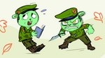 anthro book clothing green_body knife military_uniform simple_background split_personality uniform doeiika happy_tree_friends flippy_(htf) fliqpy_(htf) bear mammal 16:9 widescreen