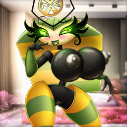 areola big_breasts bimbo_anthro bimbofication bimbofied black_body blush blush_lines breasts butt butt_from_the_front fake_breasts fangs female genitals gesture glistening glistening_body glistening_breasts glowing glowing_eyes green_eyes green_lips green_lipstick hand_gesture inflated_breasts lips lipstick machine makeup multicolored_body nipples not_furry nude nude_female pointing pointing_at_self puffy_areola queen round_breasts royalty smile solo standing teeth vulva yellow_vulva vrabo my_life_as_a_teenage_robot nickelodeon vexus arthropod hybrid insect living_machine robot 1:1 absurd_res hi_res