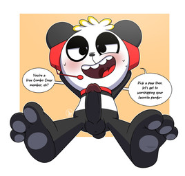 anthro big_penis electronics erection feet foot_focus genitals hands_behind_head headgear headphones headset looking_at_viewer male penis small_but_hung solo speech_bubble text young young_anthro young_but_hung young_male conditional_dnp olly ryan's_world vtuber combo_panda bear giant_panda mammal absurd_res english_text hi_res