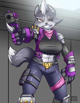 5_fingers abs anthro athletic athletic_female belt belt_buckle buckle claws clothing crop_top crossgender eye_patch eyewear fangs female fingerless_gloves fingers fur gesture gloves grey_body grey_fur gun hand_gesture handwear holding_gun holding_object holding_ranged_weapon holding_weapon holster jacket looking_at_viewer midriff mtf_crossgender muscular muscular_anthro muscular_female navel pointing pointing_at_viewer ranged_weapon red_eyes scarf shirt solo teeth topwear weapon yeyeialba nintendo star_fox wolf_o'donnell canid canine canis mammal wolf hi_res signature