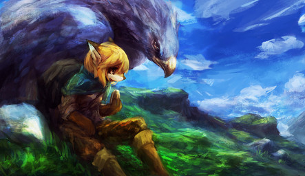 ambiguous_gender anthro backpack blonde_hair blue_body blue_feathers boots bottomwear brown_eyes clothed clothing cloud duo eating feathers female feral food footwear fully_clothed fur hair holding_object kemono landscape larger_feral mountain orange_body orange_fur pants scenic_view shirt shoes sitting size_difference sky smaller_anthro smile topwear white_body white_fur tamakakego accipitrid accipitriform avian bird canid canine fox mammal painting_(artwork) traditional_media_(artwork)