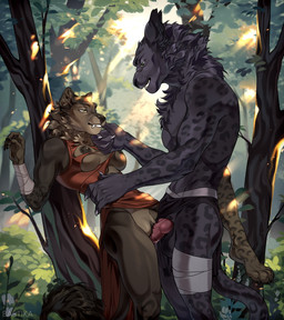 anthro anthro_on_anthro areola balls biped breasts claws clothed clothed_anthro clothed_female clothed_male clothing countershade_torso countershading duo erection feet female fingers fur genitals male male/female nipples penis smile spots standing tail teeth toes bastika canid canine felid feline mammal 2026 digital_drawing_(artwork) digital_media_(artwork) hi_res