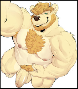 anthro armpit_hair balls beard big_balls big_penis black_border black_nose blonde_hair body_hair border chest_hair chest_tuft facial_hair fur genitals grin hair hair_over_eye humanoid_genitalia humanoid_penis looking_at_viewer male musclegut muscular muscular_anthro muscular_male nipples nude penis pubes simple_background smile solo tan_body tan_fur tuft vein veiny_penis white_background ursso_(artist) bear mammal absurd_res hi_res
