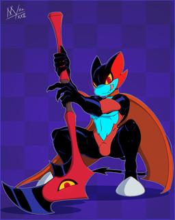 anthro black_body blue_body bulge cape checkered checkered_background claws clothed clothing crouching fangs holding_melee_weapon holding_object holding_polearm holding_scythe holding_weapon licking licking_lips licking_own_lips male melee_weapon pattern_background polearm purple_background red_body scythe simple_background solo spade_tail tail teeth tongue tongue_out weapon weapon_with_eyes meatboom kings_of_hell lutin_lucifer demon 2022 hi_res