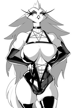 anthro armwear beak big_breasts breasts clothing dominatrix elbow_gloves female gloves hair handwear latex latex_armwear latex_choker latex_clothing latex_elbow_gloves latex_gloves latex_handwear latex_legwear latex_leotard latex_thigh_highs legwear leotard long_hair solo thick_thighs thigh_highs wide_hips pillowymounds hellaverse helluva_boss stella_(helluva_boss) avian bird demon owl 2026 black_and_white hi_res monochrome