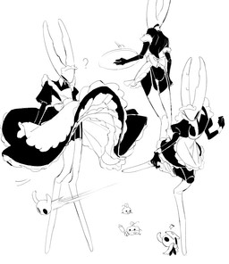 2_horns ambiguous_gender anthro biped black_body bow_ribbon clothed clothing dress duo electronics flung frilly frilly_clothing front_view garter_straps genitals hollow_eyes horn kick kicking_another legwear lingerie long_legs maid_headdress phone question_mark rear_view stockings taking_picture upskirt upskirt_photo vulva white_face milktea25424633 hollow_knight_(franchise) team_cherry hollow_knight_(character) pure_vessel_(hollow_knight) the_knight_(hollow_knight) arthropod vessel_(species) 2025 black_and_white chinese_description digital_drawing_(artwork) digital_media_(artwork) monochrome