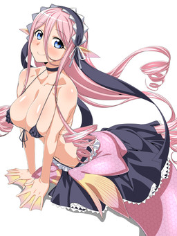 big_breasts bikini blue_eyes blush breasts cleavage clothed clothing female fin fish_tail hair humanoid_pointy_ears long_hair monster_girl_(genre) pink_hair pointy_ears scales simple_background smile solo split_form swimwear two-piece_swimsuit white_background tikuisi monster_musume meroune_lorelei_(monster_musume) aquatic humanoid merfolk 3:4