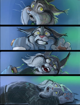 anthro betrayal bodily_fluids clothing death double_betrayal duo fur green_clothing green_sweater green_topwear grey_body grey_fur injecting_liquid injection male neck_stab pointy_ears stab sweater tears topwear venom venom_injector weapon whiskers yellow_eyes flvski disney zootopia milton_lynxley pawbert_lynxley canada_lynx felid feline lynx mammal comic hi_res