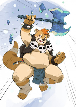 anthro axe balls barely_visible_balls barely_visible_genitalia belly bottomwear clothing genitals humanoid_hands loincloth male melee_weapon overweight overweight_anthro overweight_male solo weapon gazpacho knavie_(k_navie) mammal mustelid otter 2020 hi_res