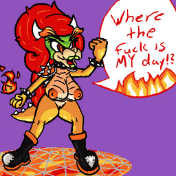 angry anthro armor big_breasts big_hair boots boots_only bracelet breasts clothing collar crossgender elemental_manipulation eyebrows female fire fire_manipulation fireball fist footwear footwear_only genitals grate green_lipstick hair horn jewelry lava light_from_below lipstick makeup mostly_nude mtf_crossgender multicolored_body nipples non-mammal_breasts non-mammal_nipples nude orange_eyebrows pauldron profanity raised_fist raised_hand red_hair scales shoes simple_background solo speech_bubble spiked_bracelet spiked_collar spiked_tail spikes spikes_(anatomy) steel_toed_boots tail text thick_thighs two_tone_body ventral_scales vulva professionalnuthead mario_bros nintendo bowser koopa scalie 1:1 english_text low_res